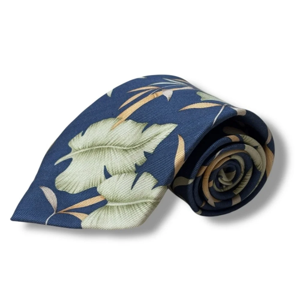 TOMMY BAHAMA Blue Silk Print Tie Tropical Plants Pattern